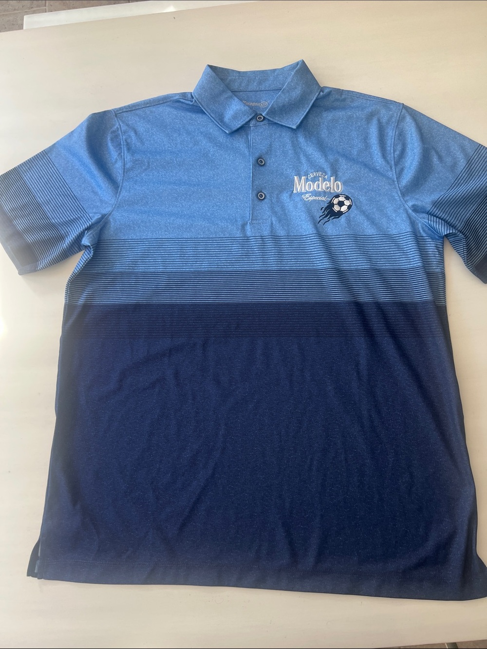 Model new size L  Men's Blue Ombre Polo with Soccer Logo